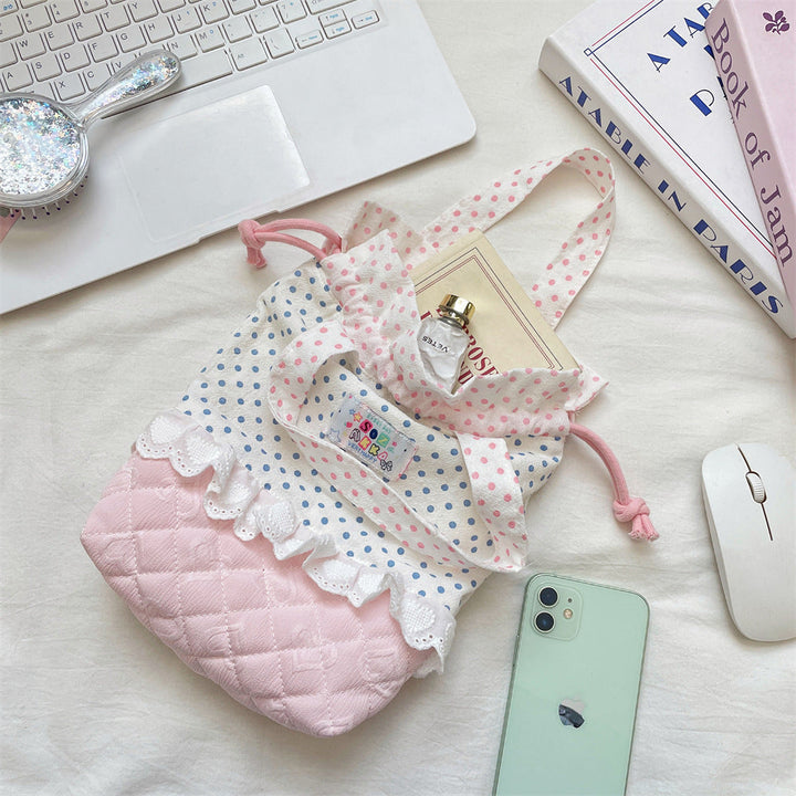 Quilted Polka Dot Drawstring Tote Bag
