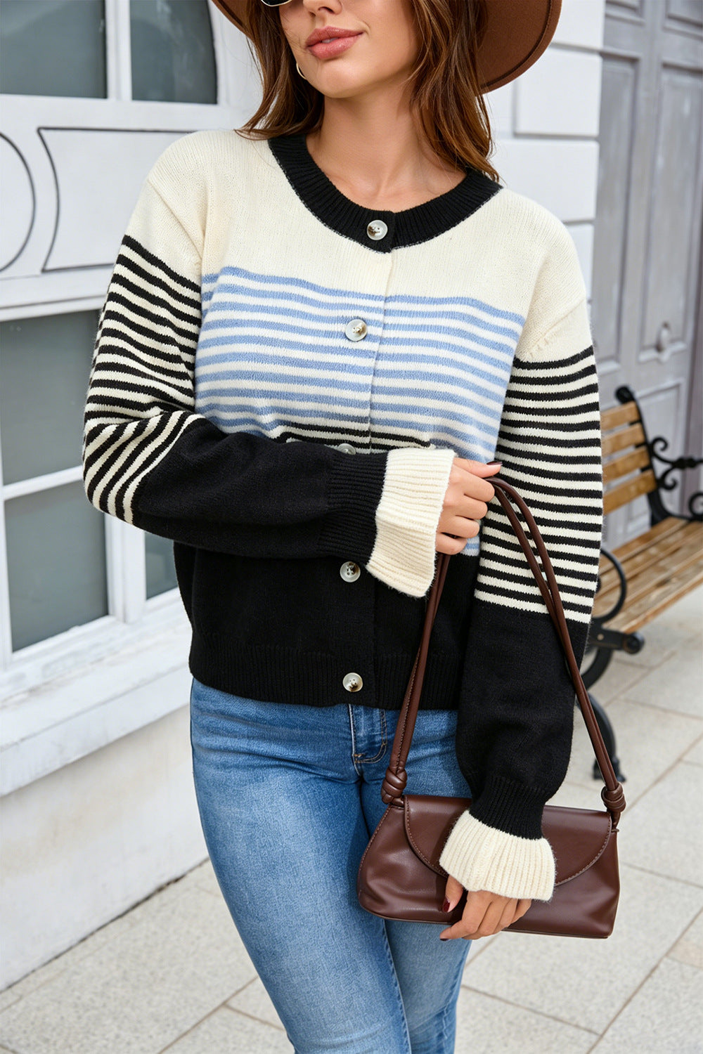 Contrast Stripe Button Front Cardigan