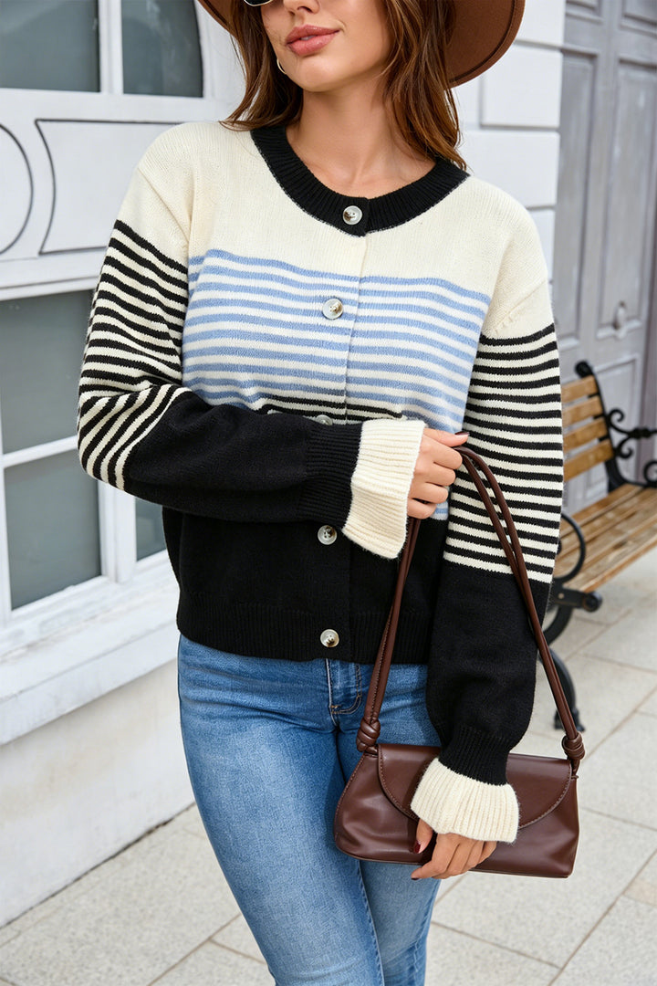 Contrast Stripe Button Front Cardigan