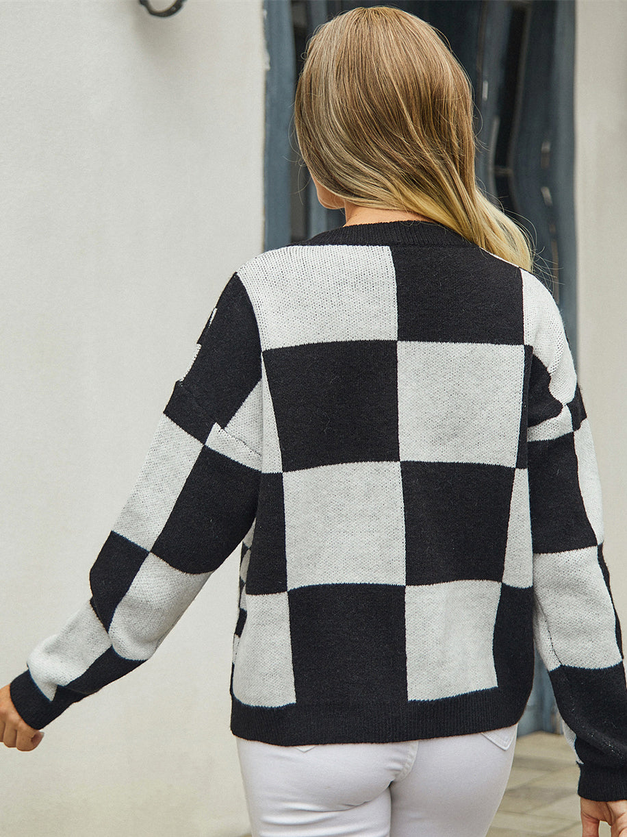 Checkered Button Front Sweater