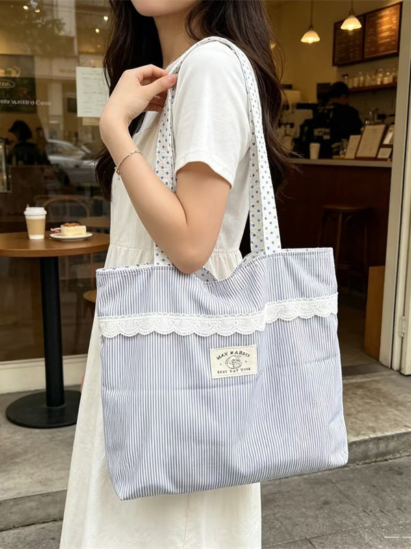Lace Trim Stripe Everyday Tote Bag