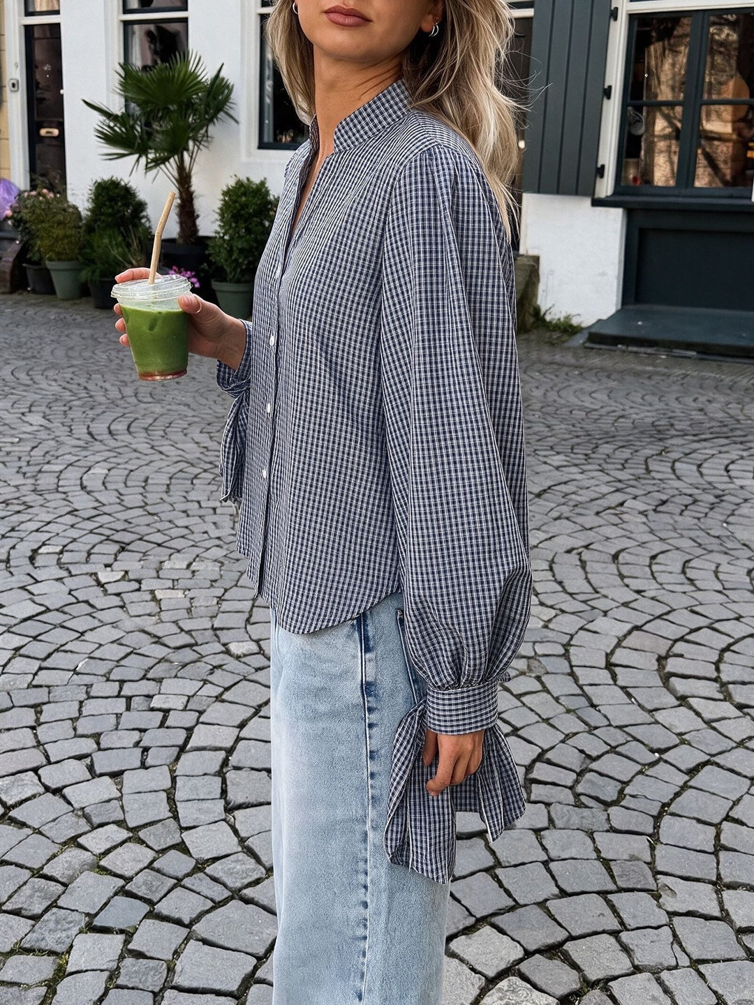 Tie Cuff Plaid Button Down Blouse