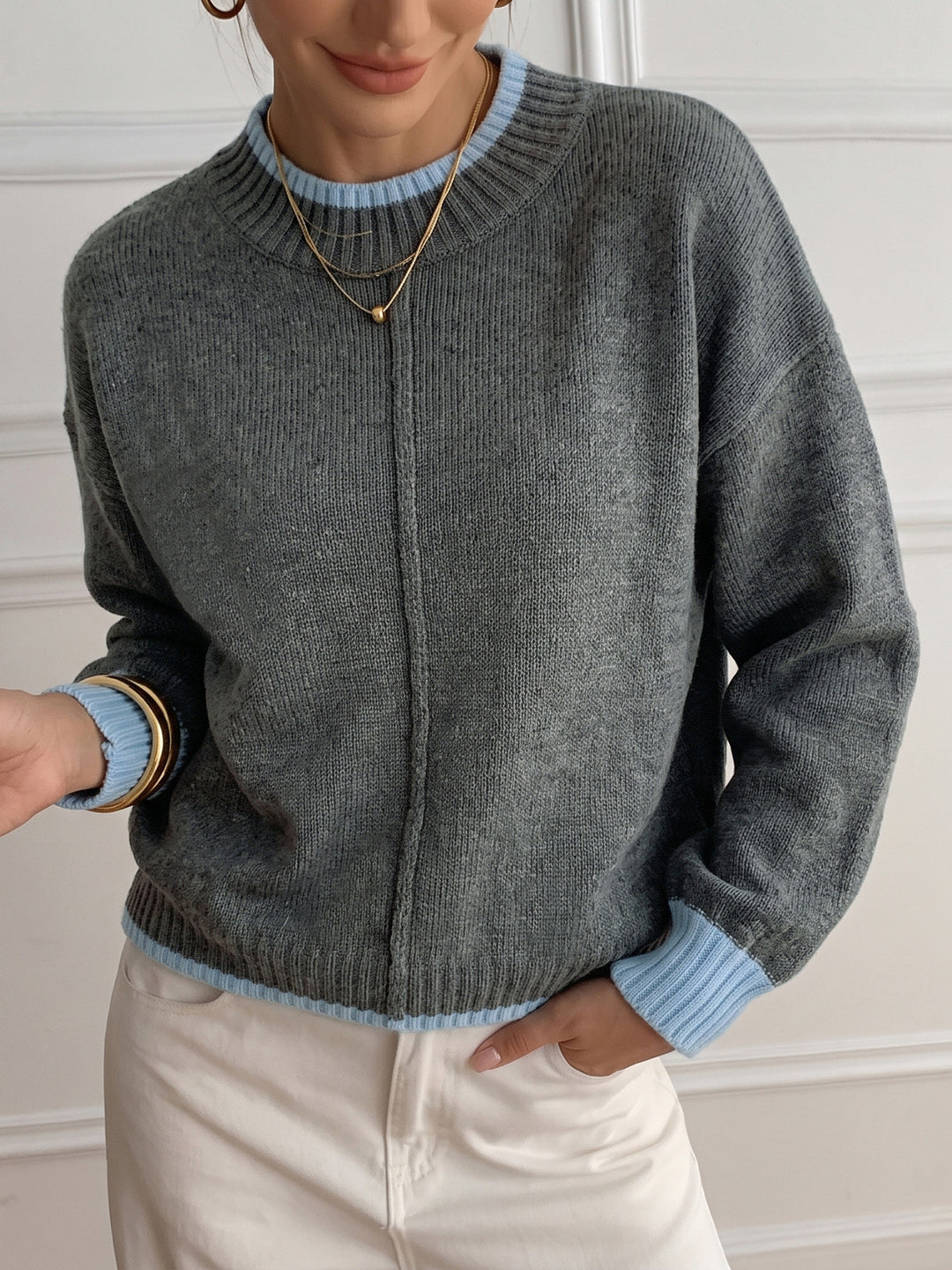 Contrast Trim Crewneck Knit Sweater