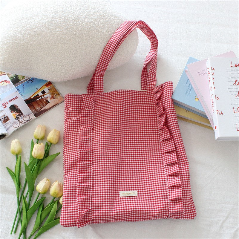 Ruffle Detail Gingham Print Tote Bag