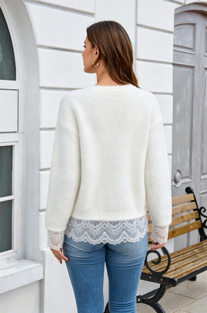 Lace Trim Fuzzy Knit Sweater