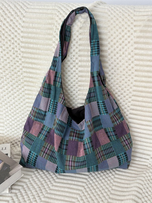 Patchwork Plaid Slouchy Tote Bag