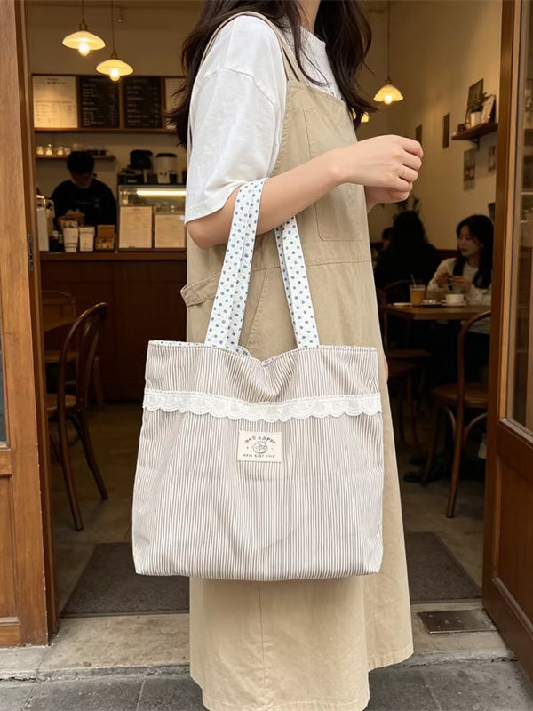 Lace Trim Stripe Everyday Tote Bag