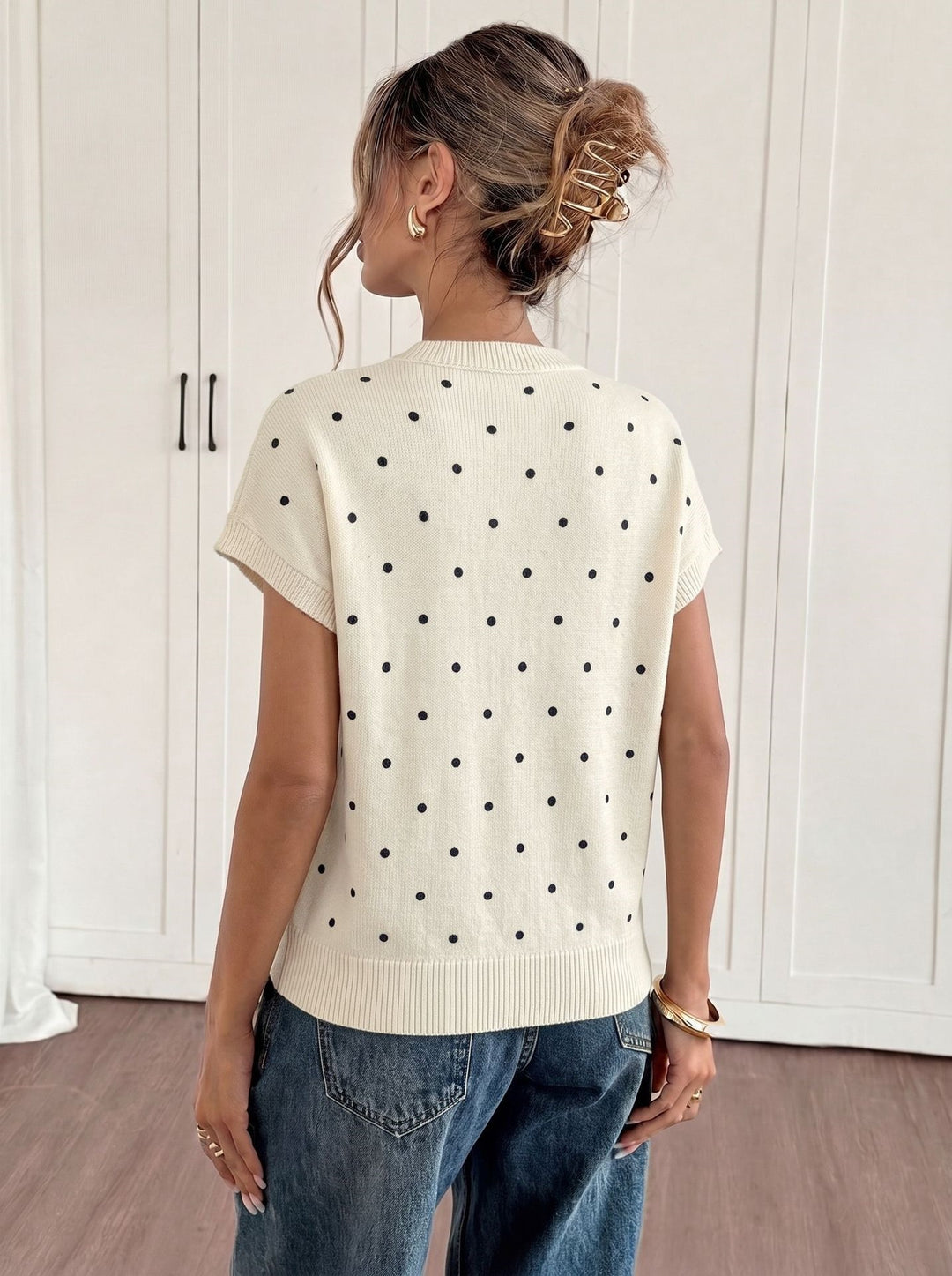 Polka Dot Short Sleeve Knit Sweater Top