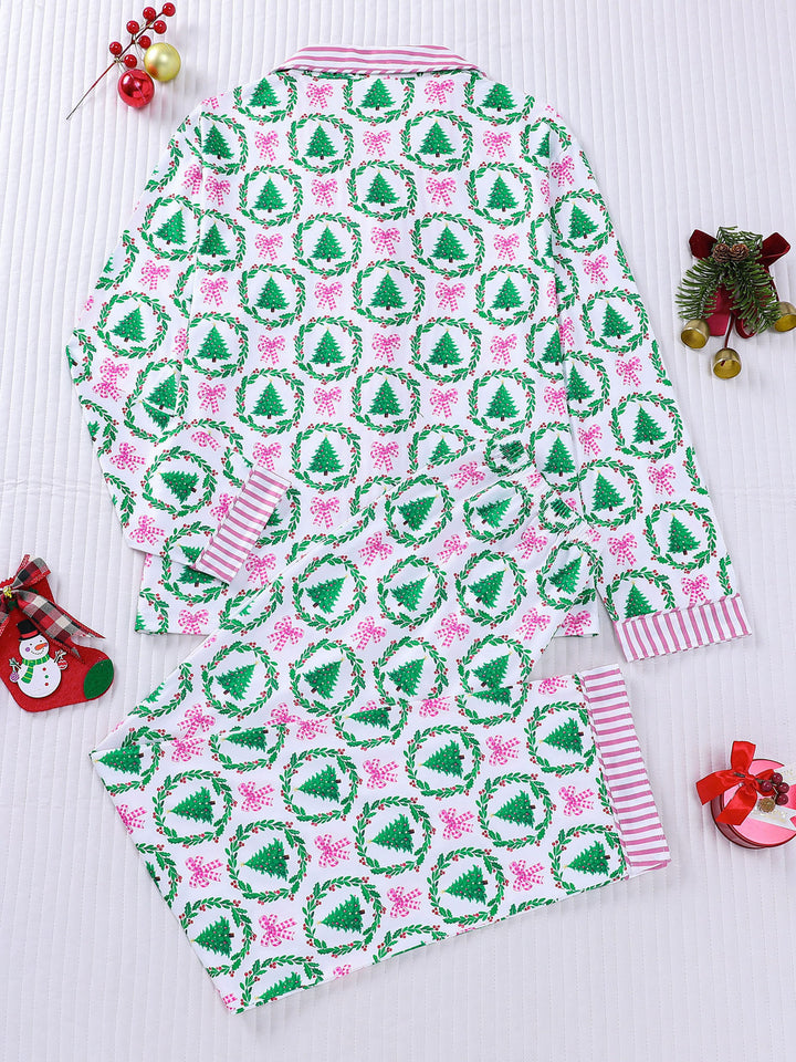 Pink Bow Christmas Trees Long Sleeve Pajama Set