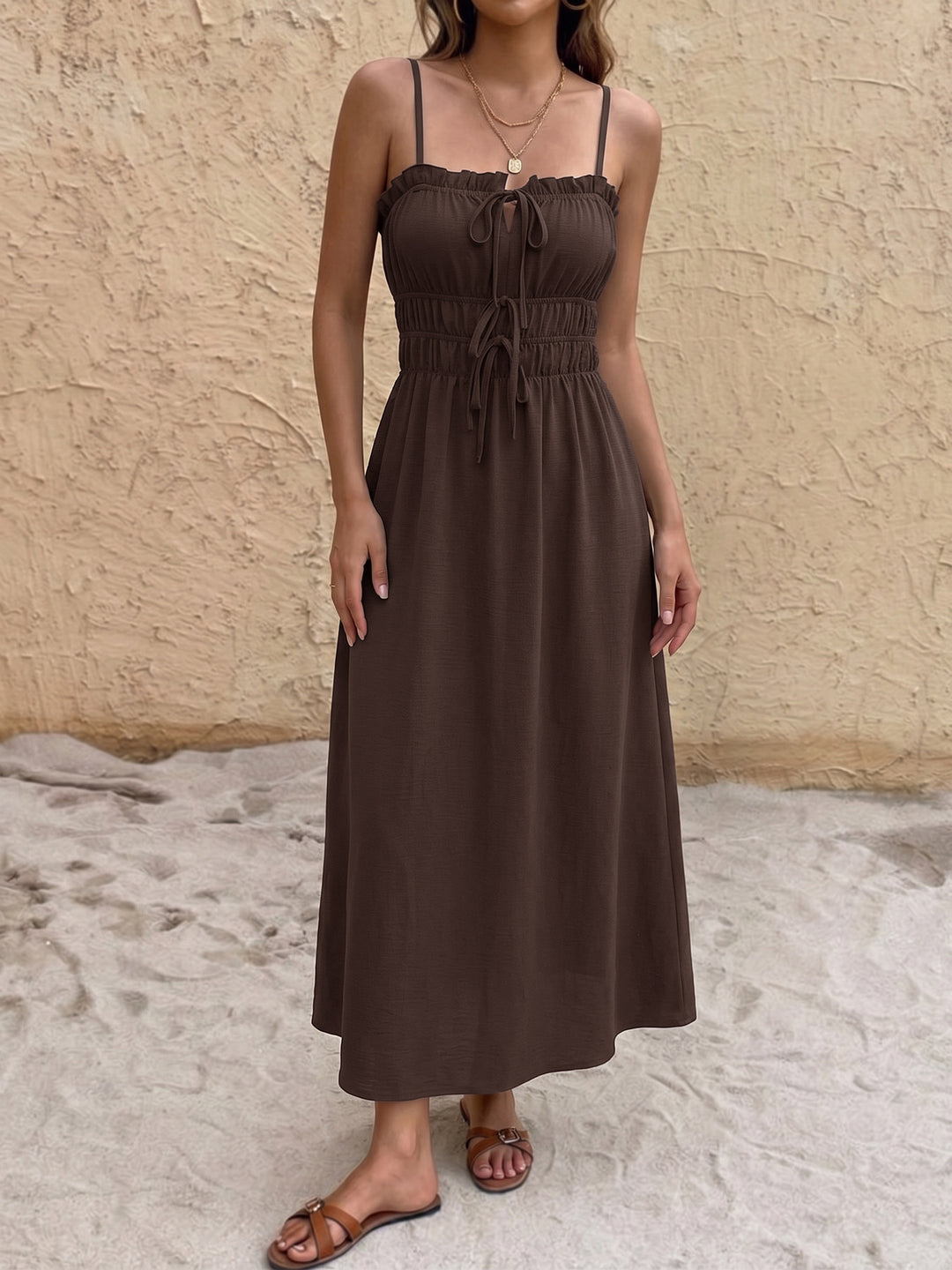 Mocha Smocked Tie Front Midi Dress