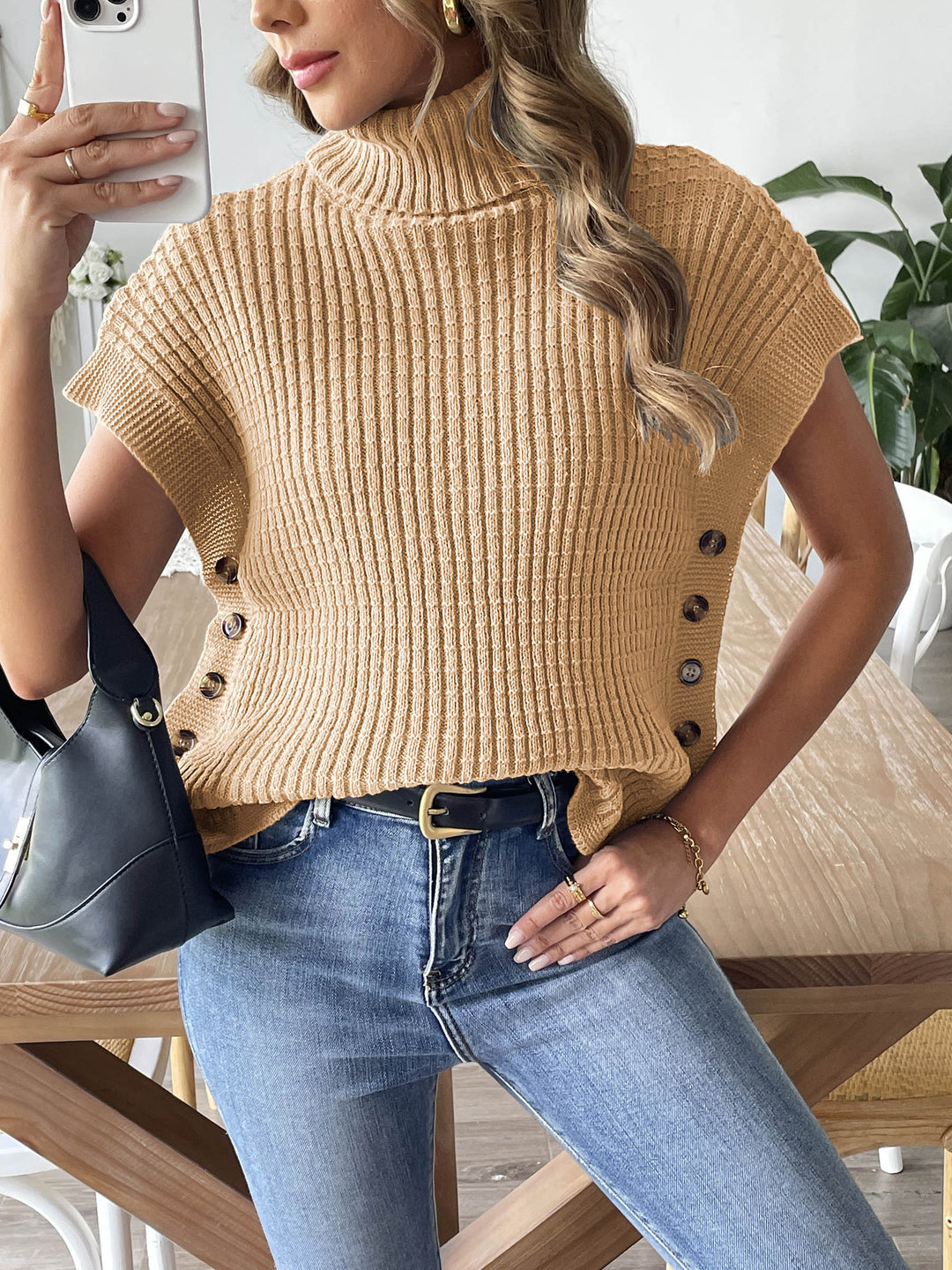 Button Detail Turtleneck Pullover Sweater Vest