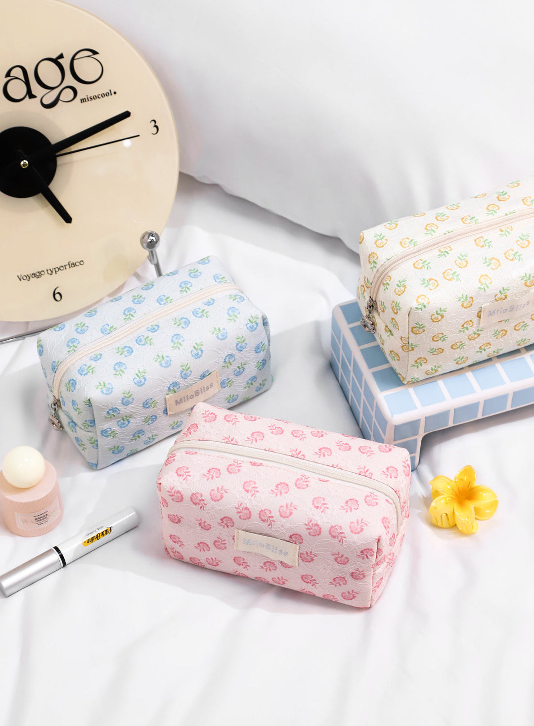 Floral Textured Fabric Cosmetic Bag