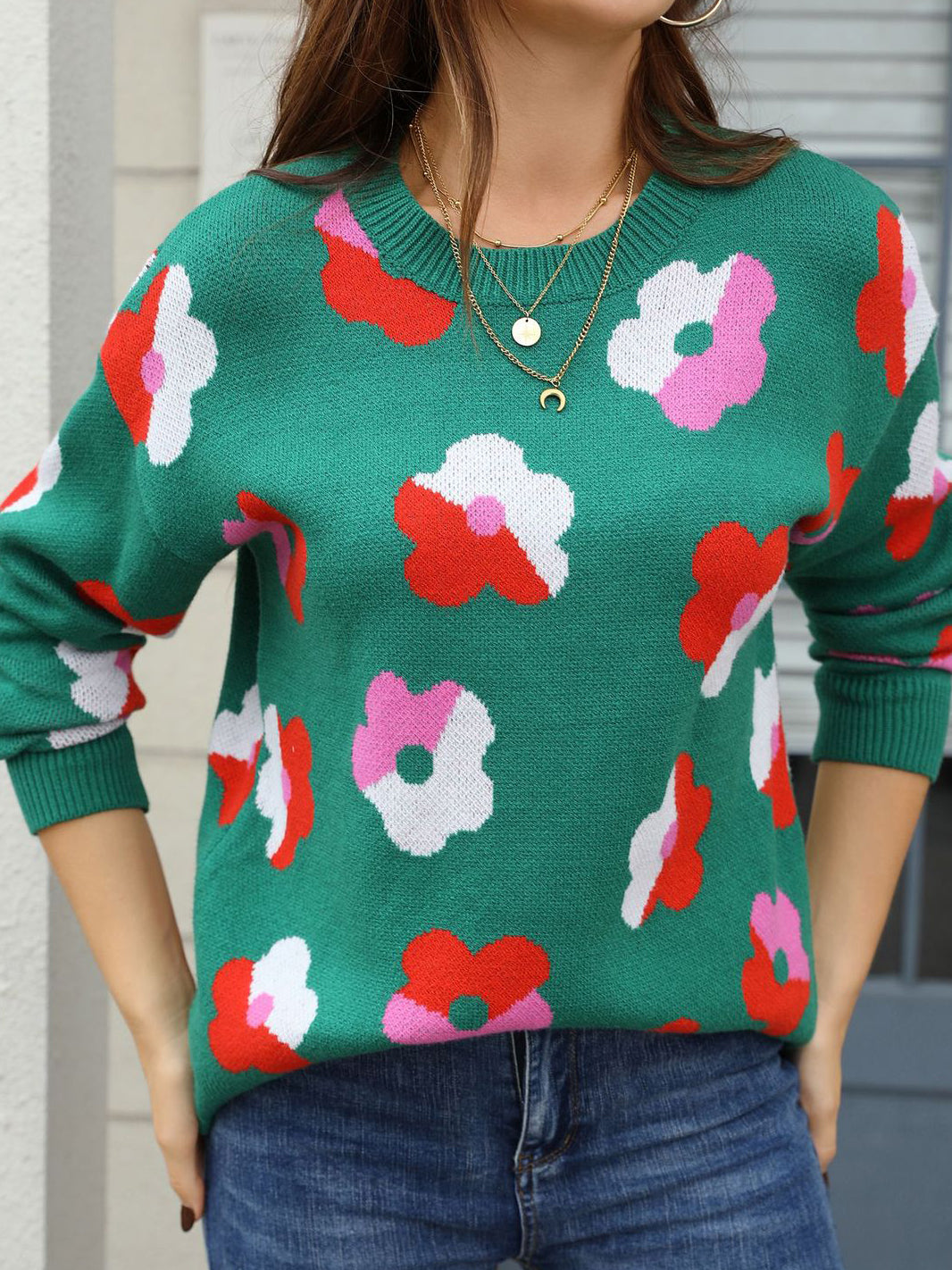 Multicolor Contrast Floral Sweater