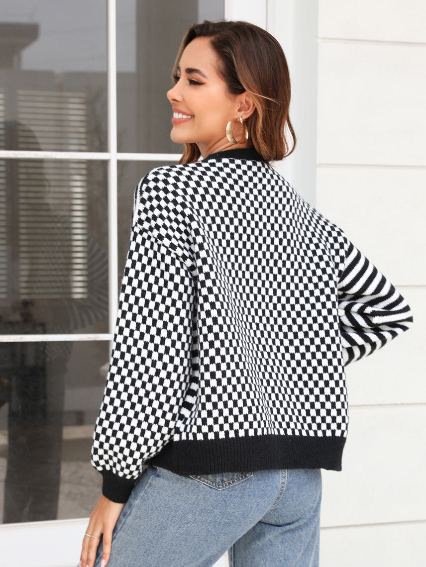 Mixed Pattern Button Front Cardigan