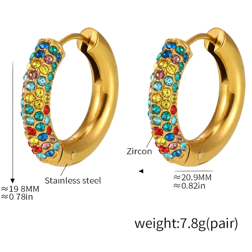 Gold hoop earrings with colorful zircon stones and technical details on a white background.