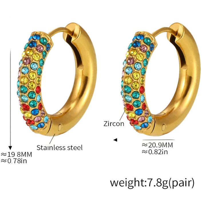 Gold hoop earrings with colorful zircon stones and technical details on a white background.
