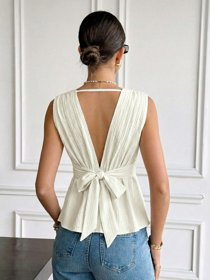 Textured Open Back Tie Waist Top