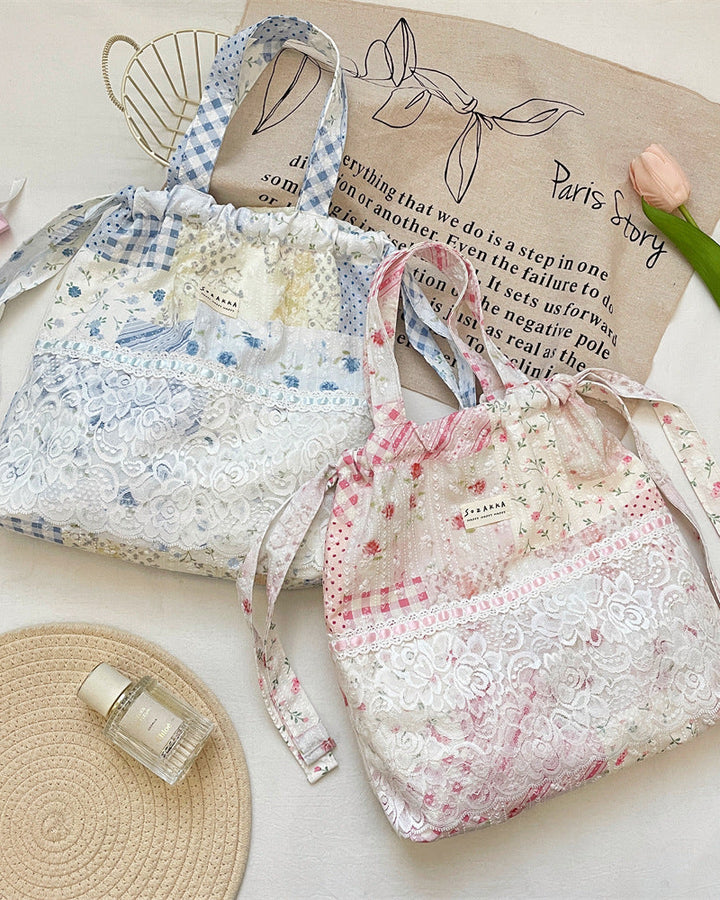 Coquette Lace Patchwork Print Drawstring Tote Bag