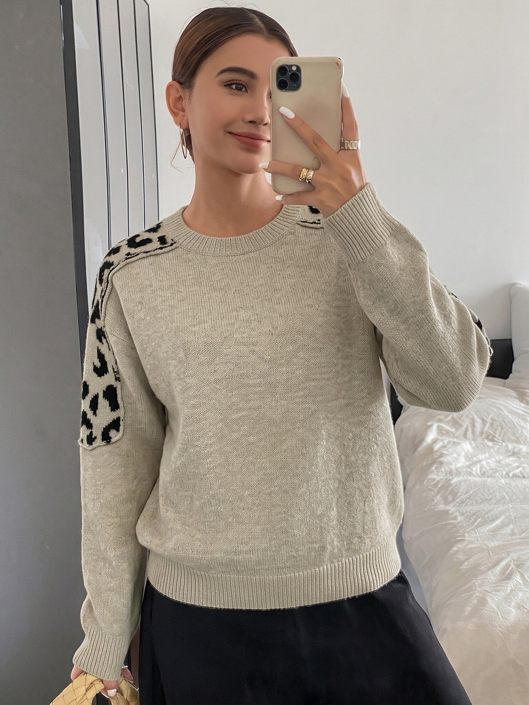 Leopard Shoulder Detail Knit Sweater