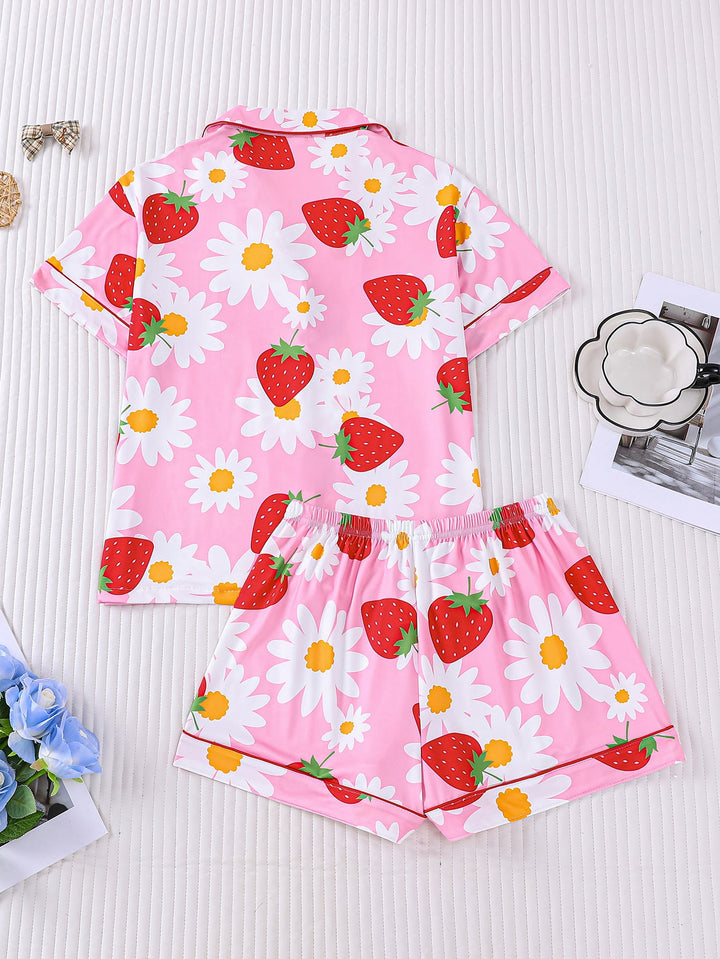 Daisy & Strawberry Print Women's Pajama Shorts Set