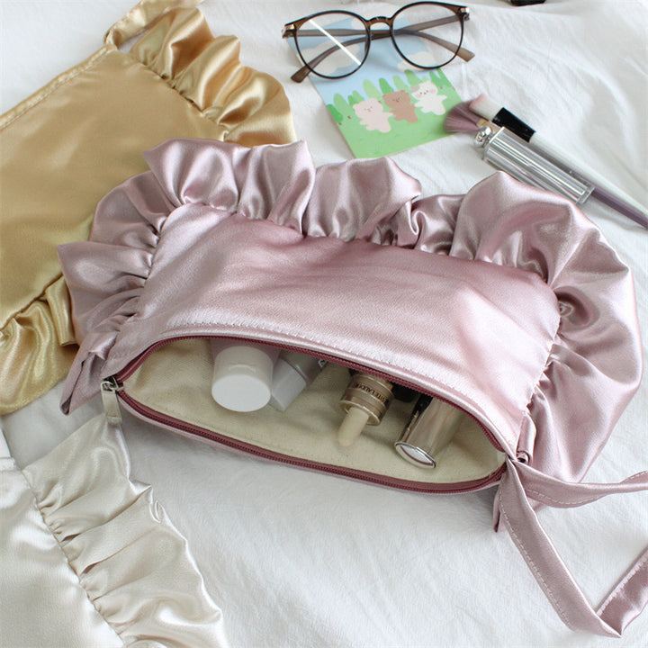 Ruffle Satin Wristlet Cosmetic Pouch
