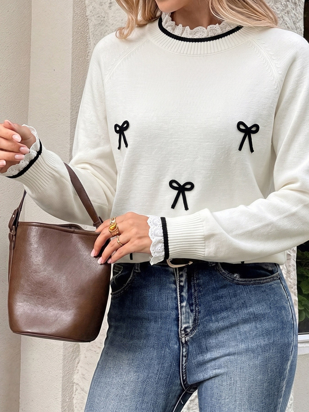 Coquette Bow Detail Crewneck Knit Sweater