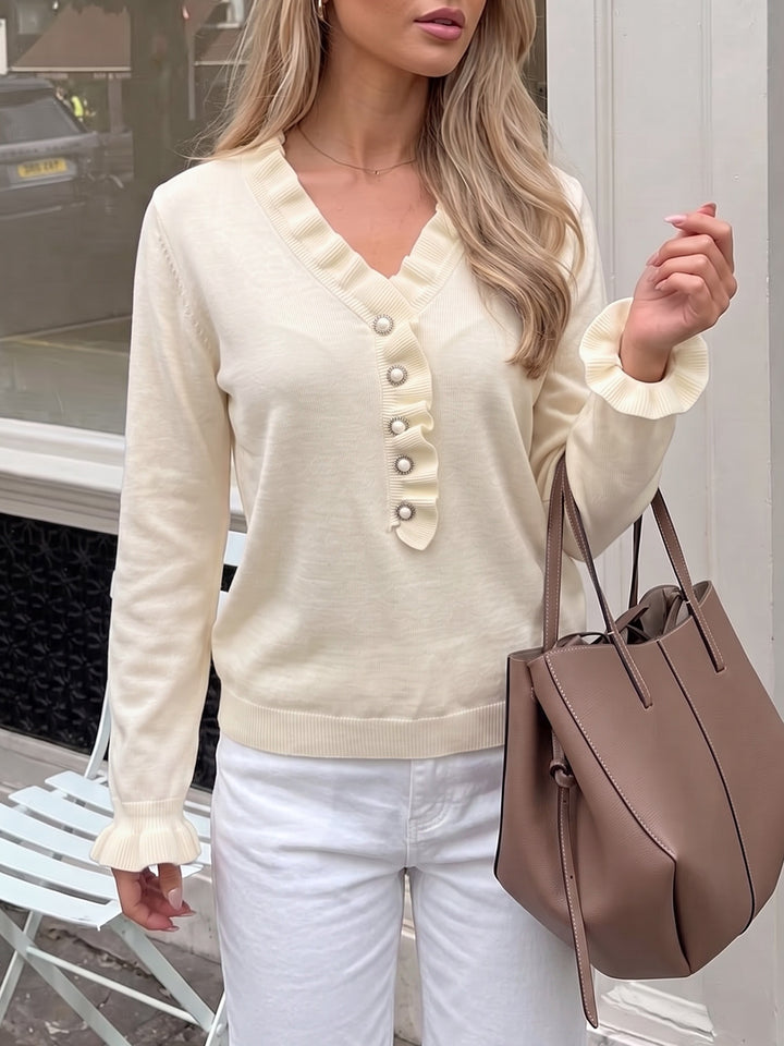 Ruffle Trim Button Detail Sweater
