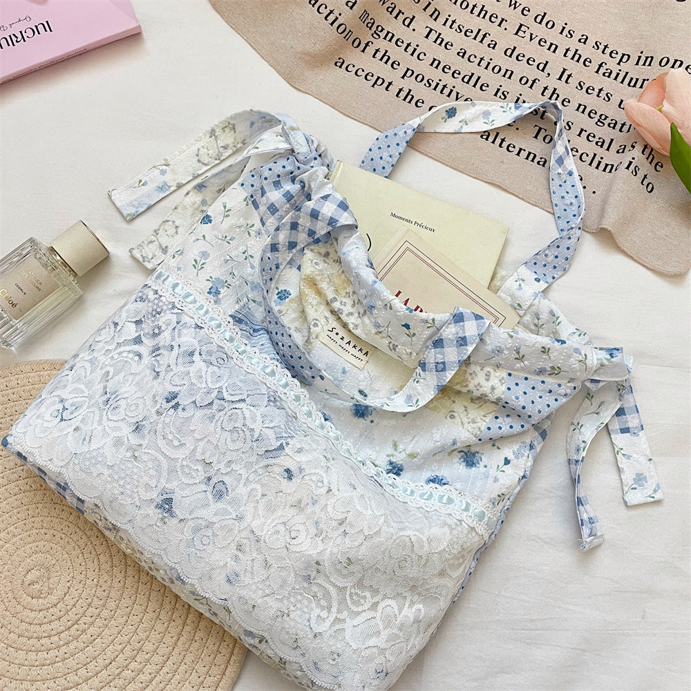 Coquette Lace Patchwork Print Drawstring Tote Bag