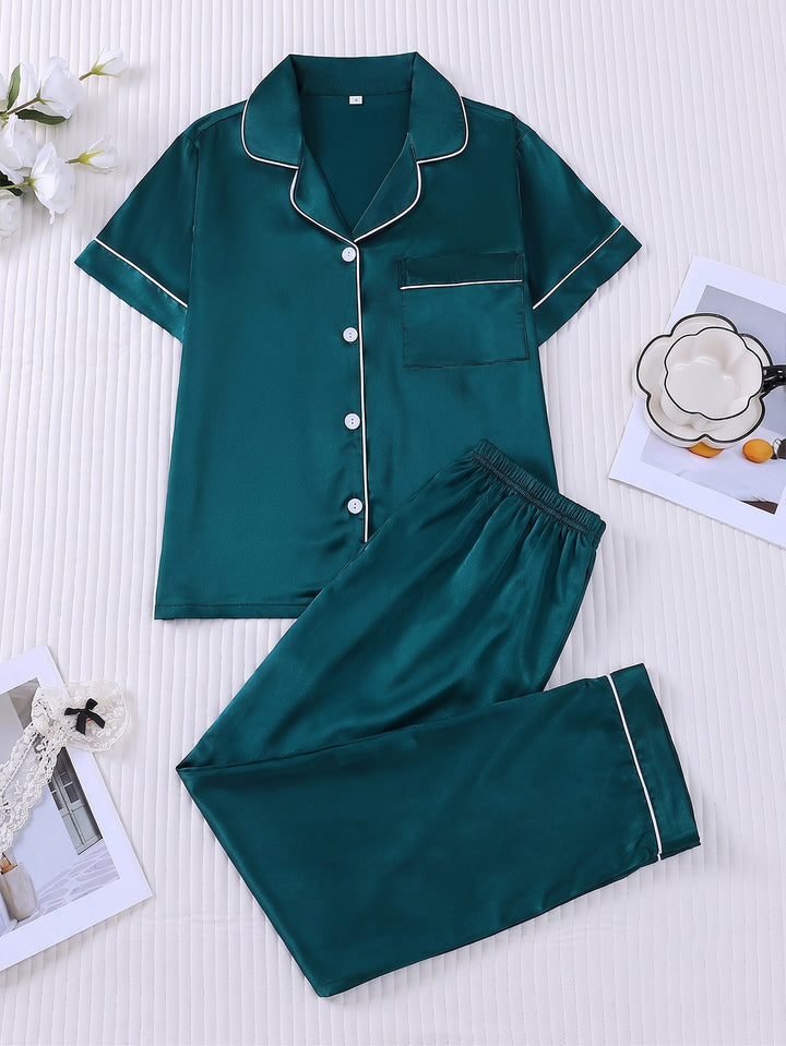 Smooth Fabric Contrast Piping Women's Pajama Set
