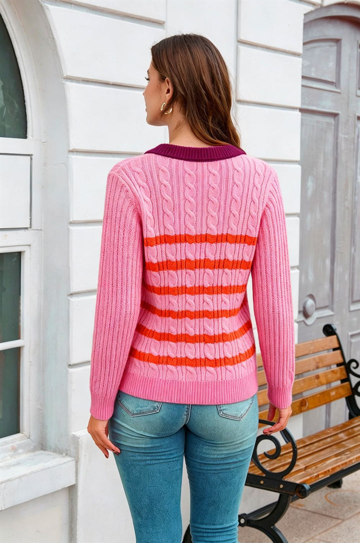 Stripe Cable Knit Collared Sweater