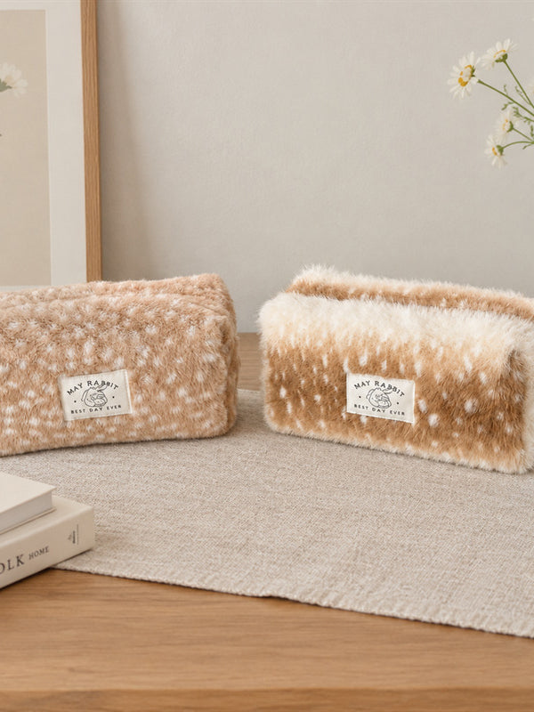 Fuzzy Deer Print Cosmetic Bag