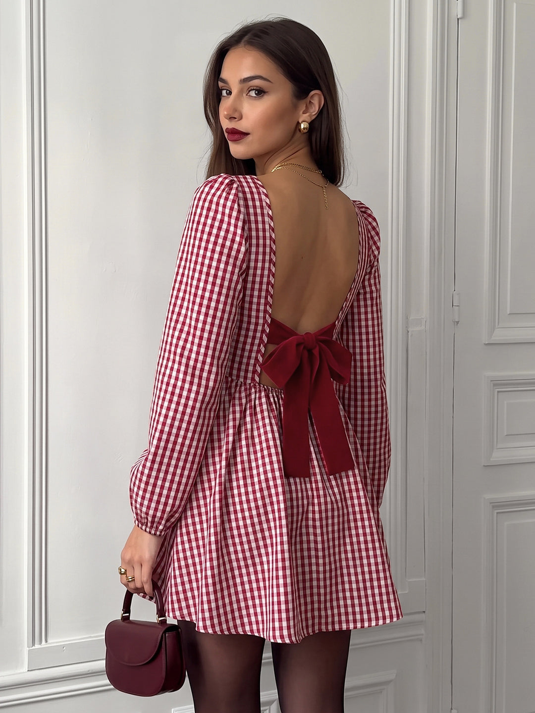 Gingham Open Back Bow Mini Dress