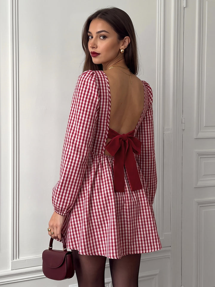 Gingham Open Back Bow Mini Dress