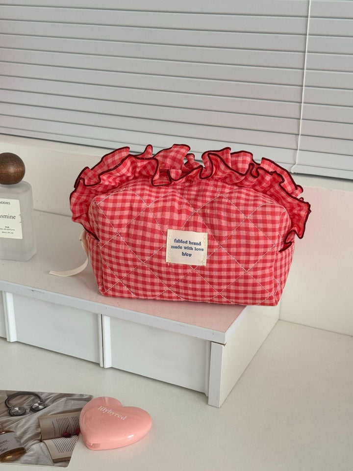 Gingham Ruffle Top Makeup Bag