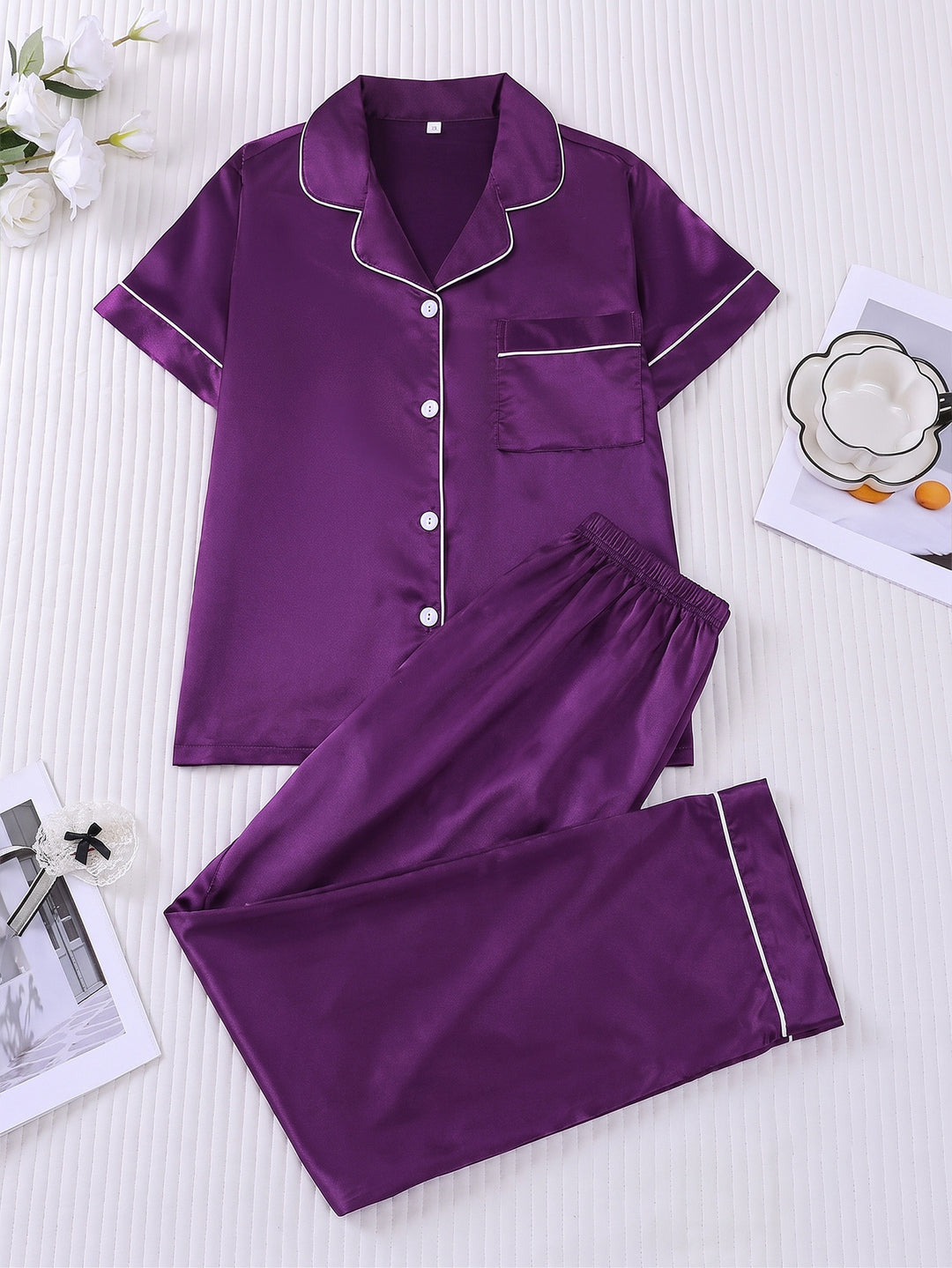 Smooth Fabric Contrast Piping Women's Pajama Set