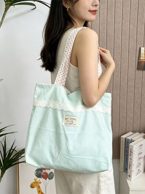 Lace Trim Stripe Everyday Tote Bag