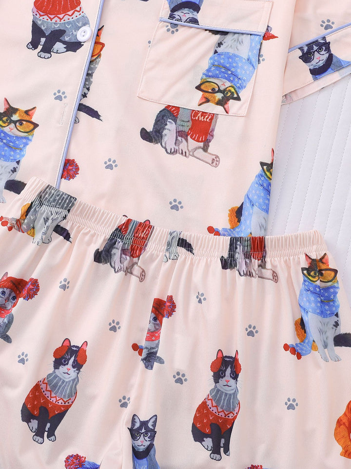 Cozy Cat Pattern Pajama Set