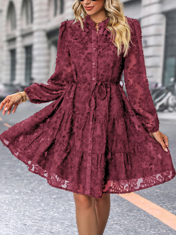 Lace Bubble Sleeve Tiered Dress