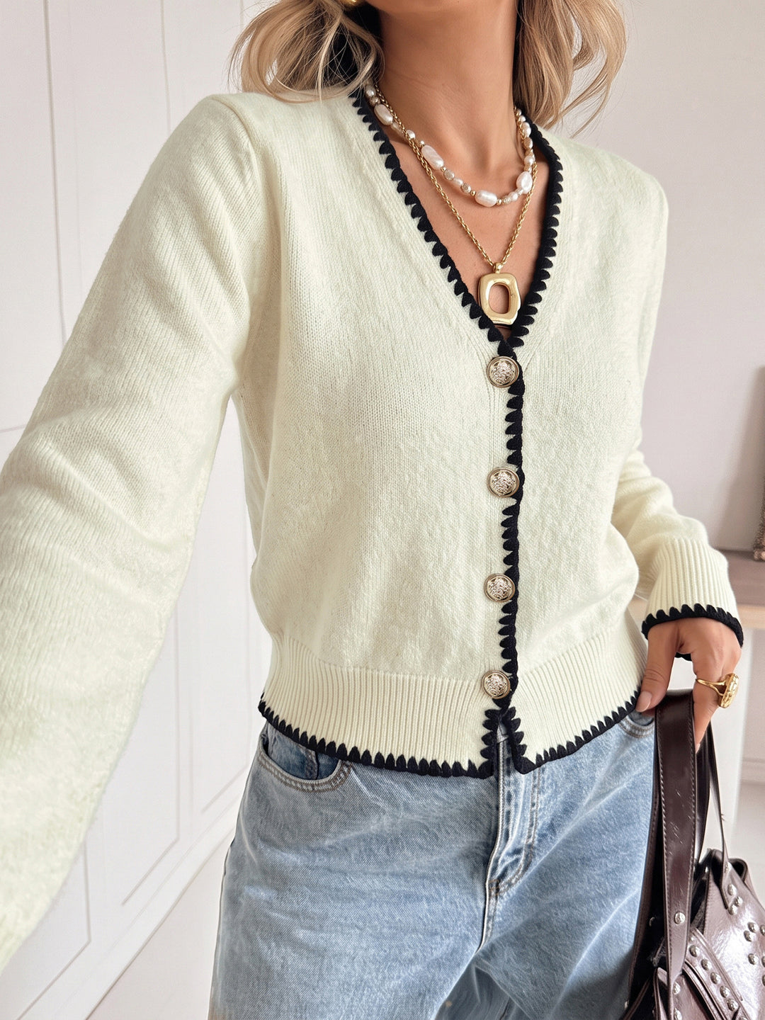 Contrast Trim Button Cardigan