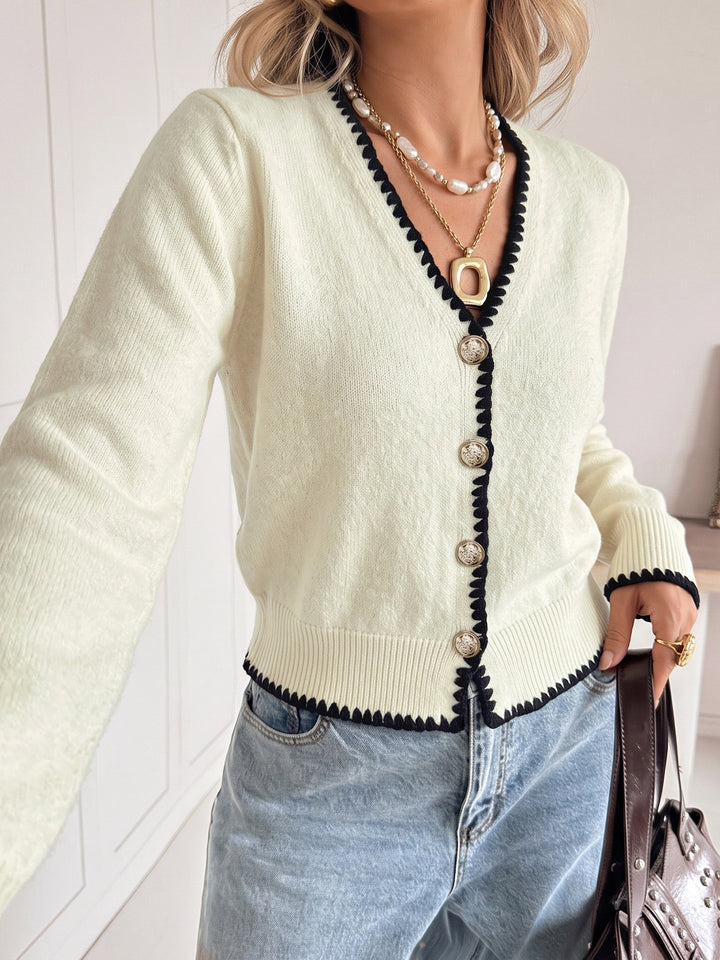 Contrast Trim Button Cardigan