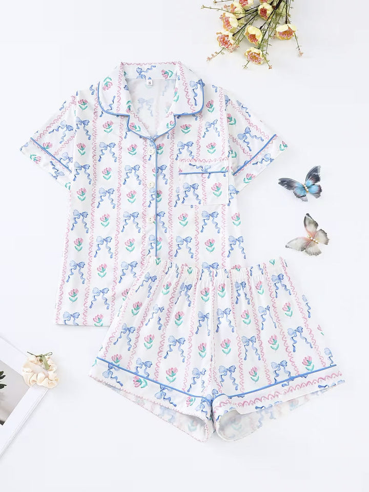Feminine Bow & Flower Print Pajama Set