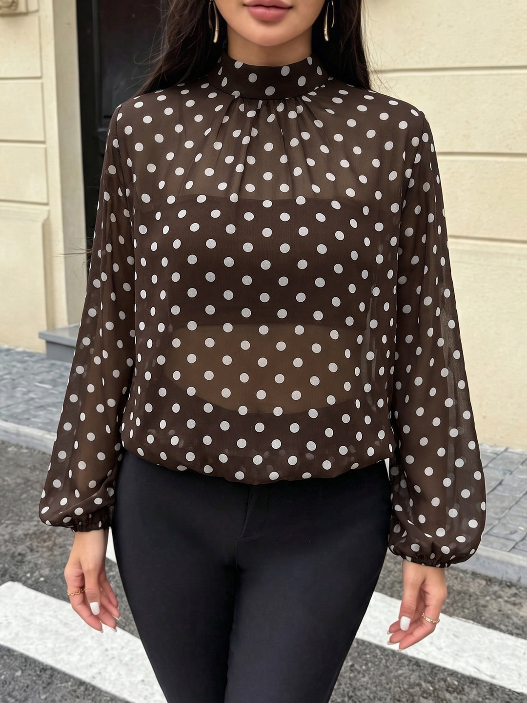Sheer Polka Dot Bubble Hem Blouse