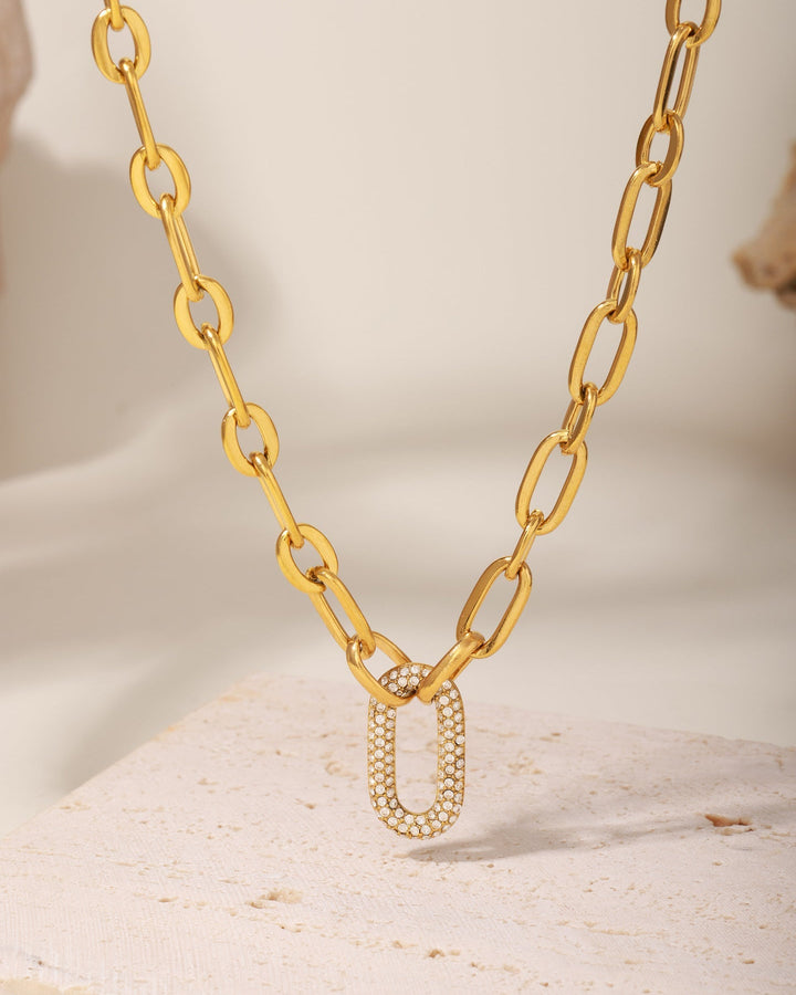 Gold Paperclip Chain Necklace with Pavé Link