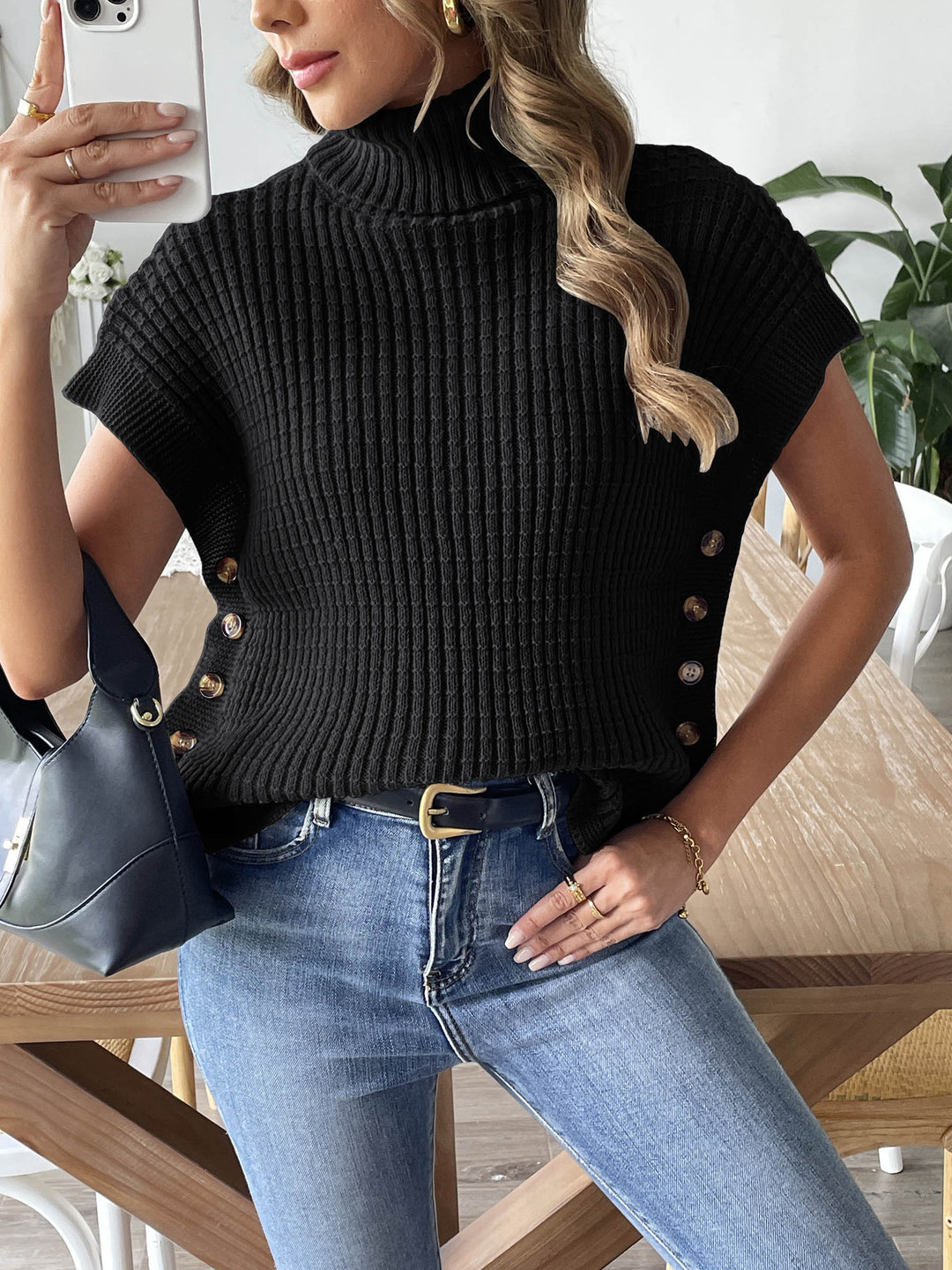 Button Detail Turtleneck Pullover Sweater Vest