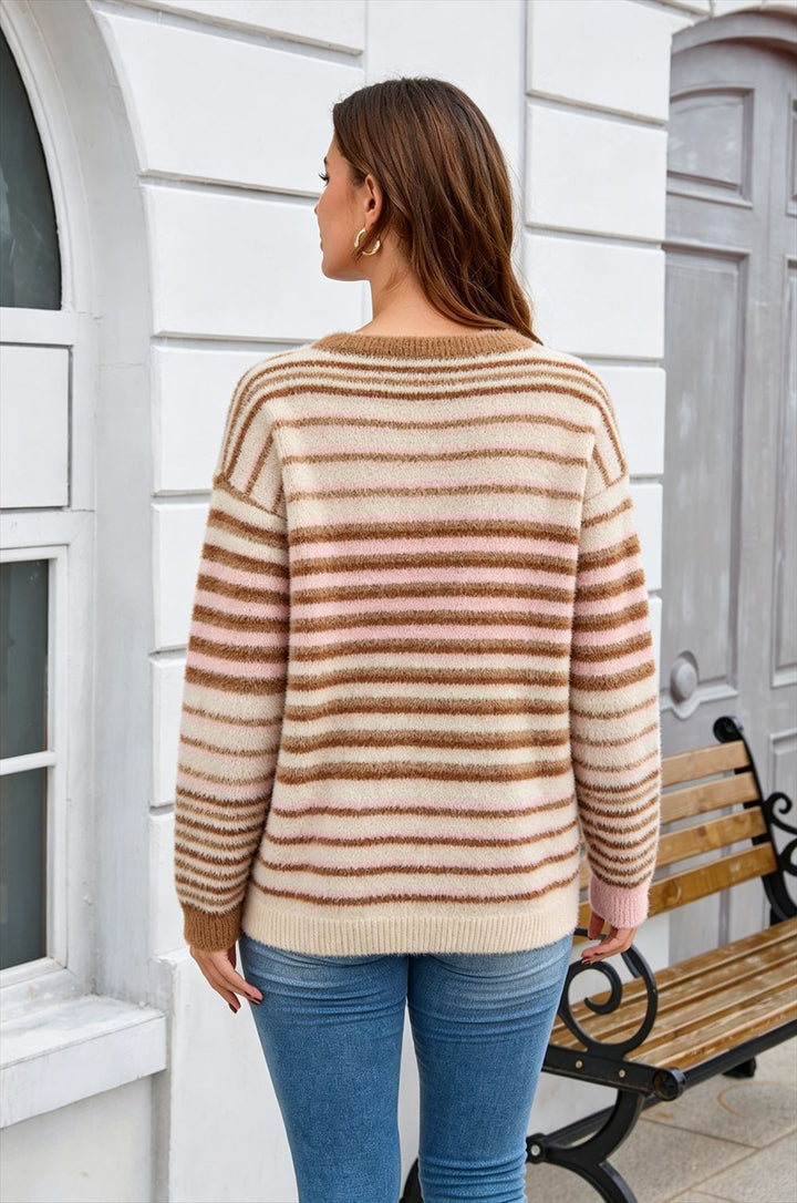 Neutral Stripe Fuzzy Knit Cardigan