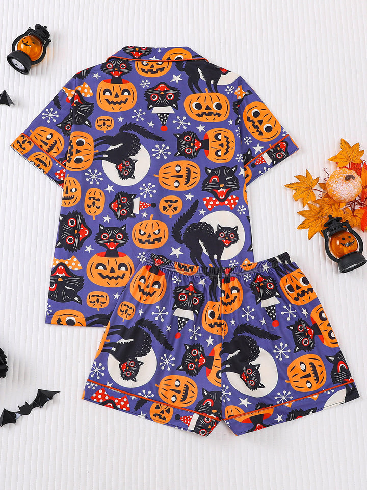 Vintage Halloween Cat & Pumpkin Print Pajama Set
