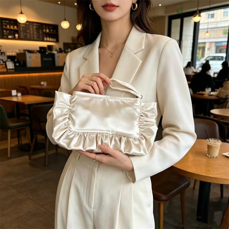 Ruffle Satin Wristlet Cosmetic Pouch