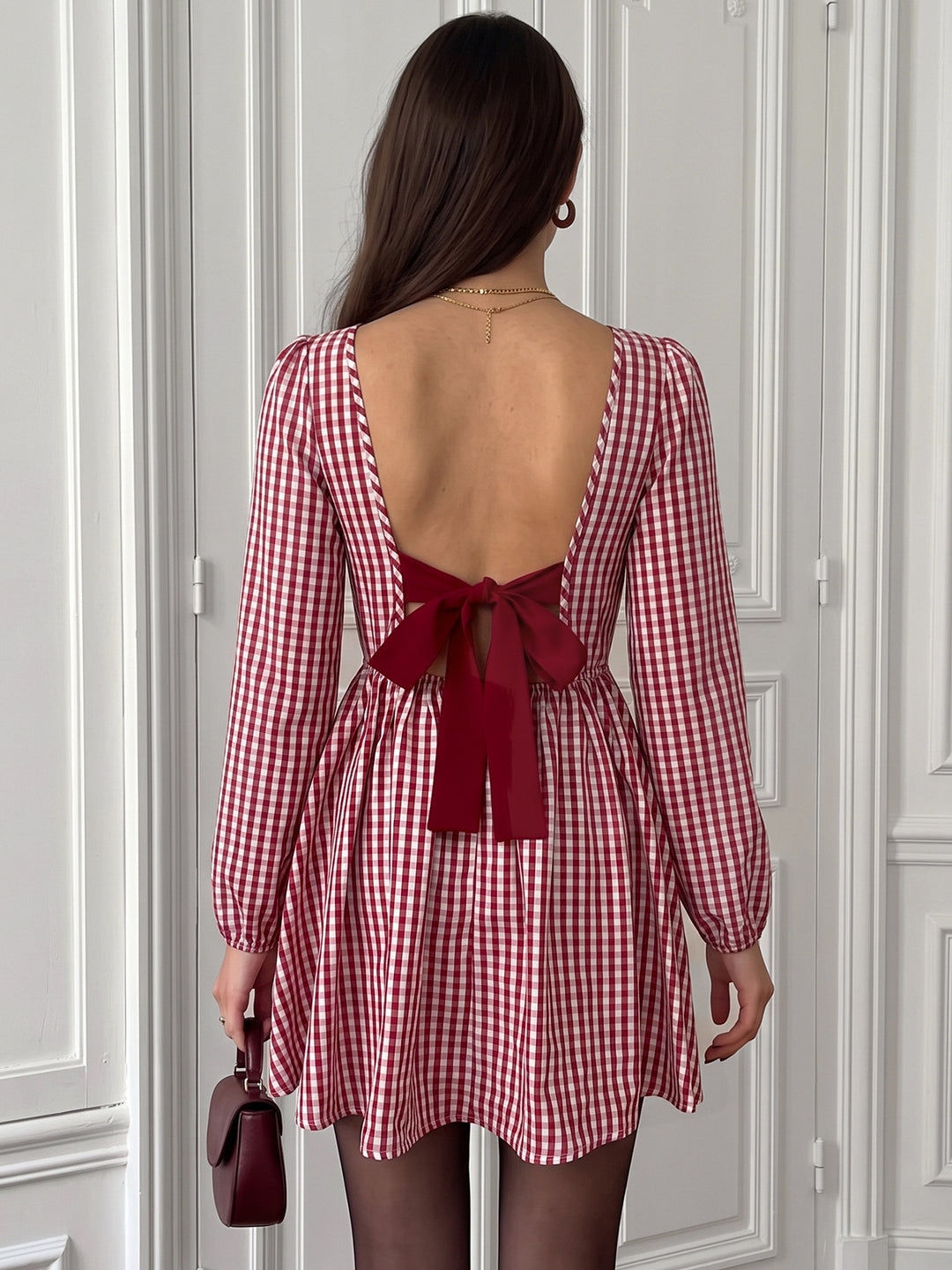 Gingham Open Back Bow Mini Dress