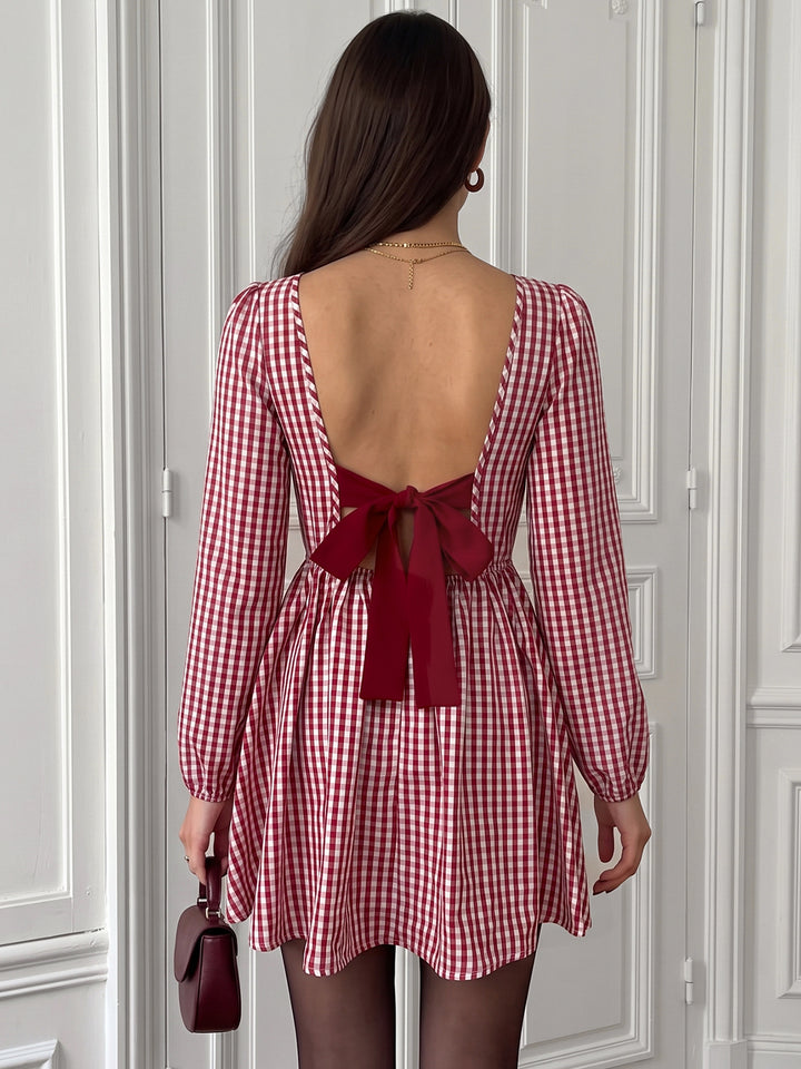 Gingham Open Back Bow Mini Dress