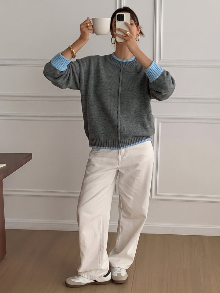 Contrast Trim Crewneck Knit Sweater